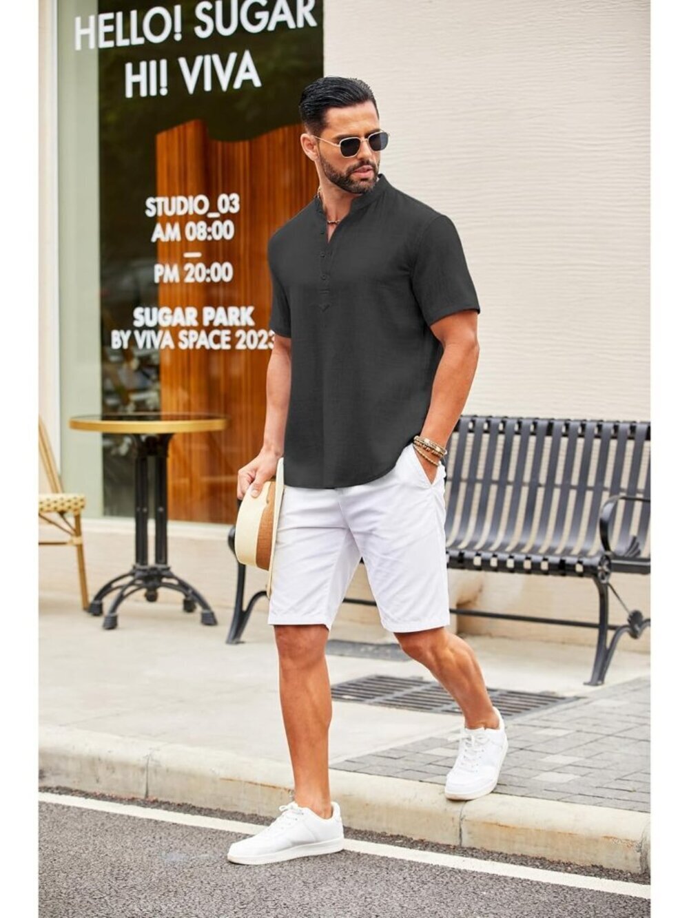 Men's Dark Grey Casual Henley Shirt Short Sleeve Linen Beach Summer Tops - Picture 5 of 6